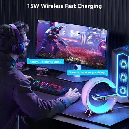 G63 RGB Light Bluetooth Speaker – 4-in-1 Desk Lamp with 10W Wireless Charging, Alarm Clock & Night Light