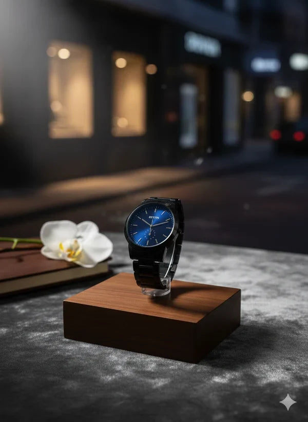 BESTWIN Minimalist Matte Black Watch – Blue Sunray Dial | Premium Quartz Men’s Bracelet Watch