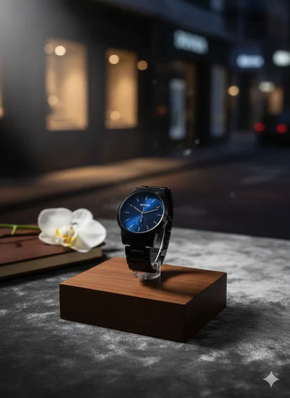 BESTWIN Minimalist Matte Black Watch – Blue Sunray Dial | Premium Quartz Men’s Bracelet Watch
