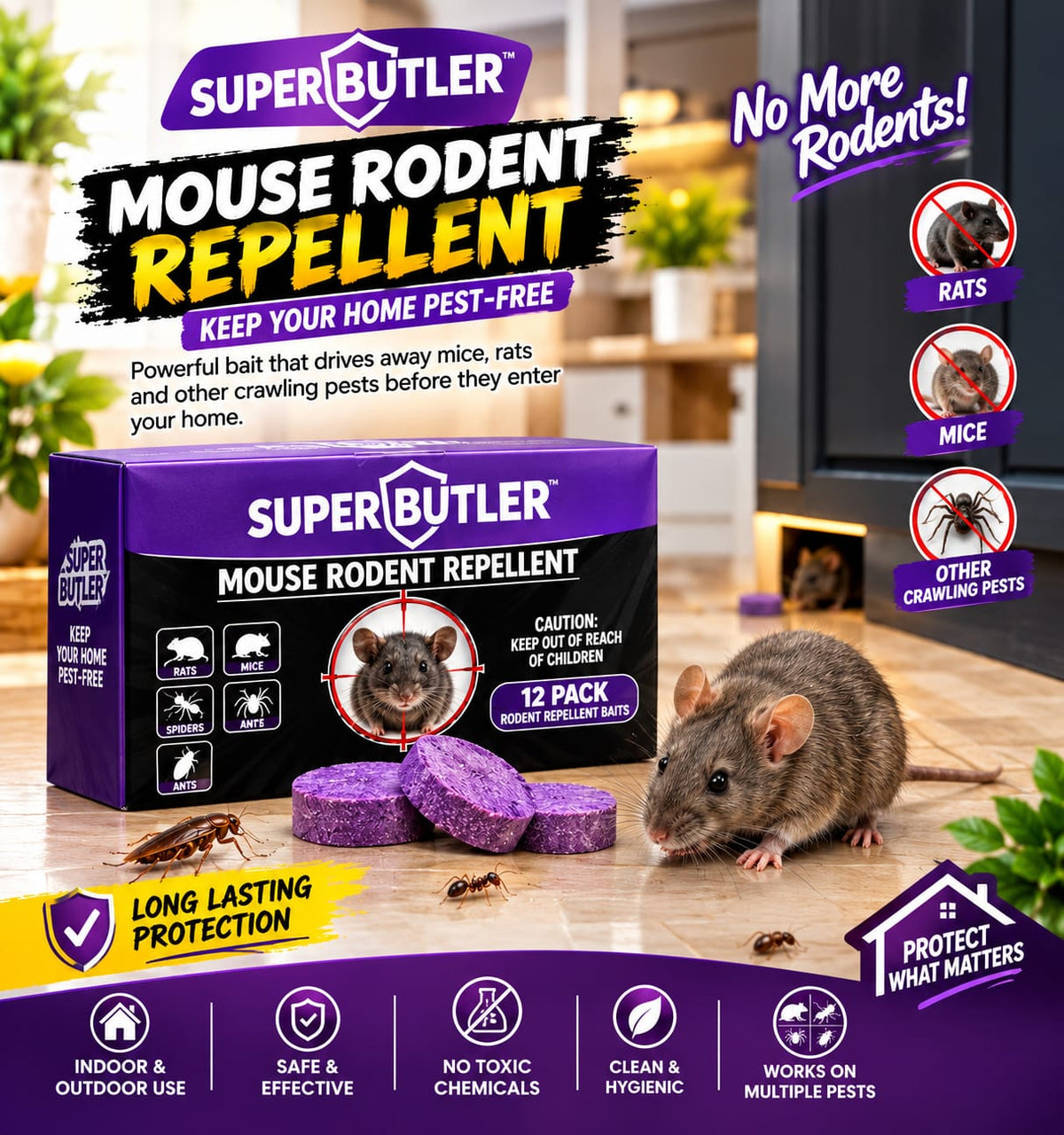 Super Butler Mouse & Rodent Repellent – Powerful 12-Pack Pest Control Bait for Indoor & Outdoor Use