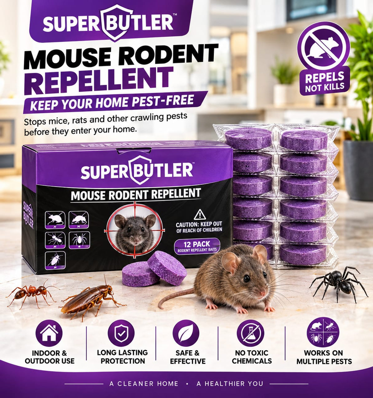 Super Butler Mouse & Rodent Repellent – Powerful 12-Pack Pest Control Bait for Indoor & Outdoor Use