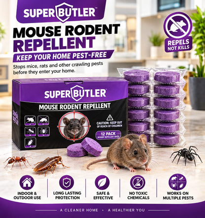 Super Butler Mouse & Rodent Repellent – Powerful 12-Pack Pest Control Bait for Indoor & Outdoor Use