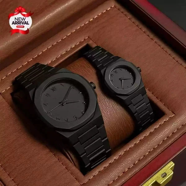 Couple Black AURA Quartz Watch Set – Matching His & Her All-Black Wrist Watches