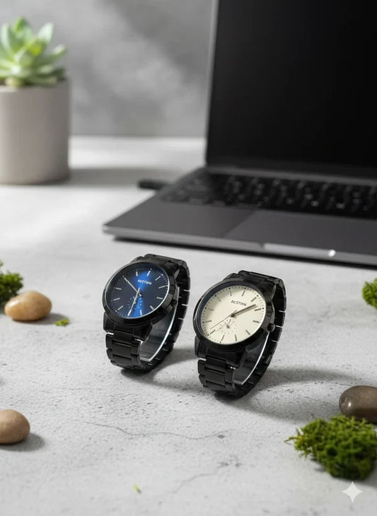 BESTWIN Minimalist Matte Black Watch – Blue Sunray Dial | Premium Quartz Men’s Bracelet Watch